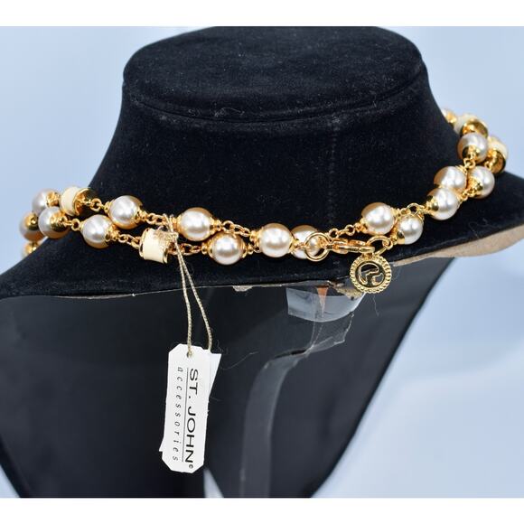 St. John Long Baroque Costume Enamel Pearl & Gold-Tone Link Necklace 45" NWT - Picture 6 of 6